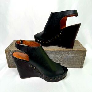 FREE- Lucky Brand Black Leather Platform Wedge Heels Sz 6.5